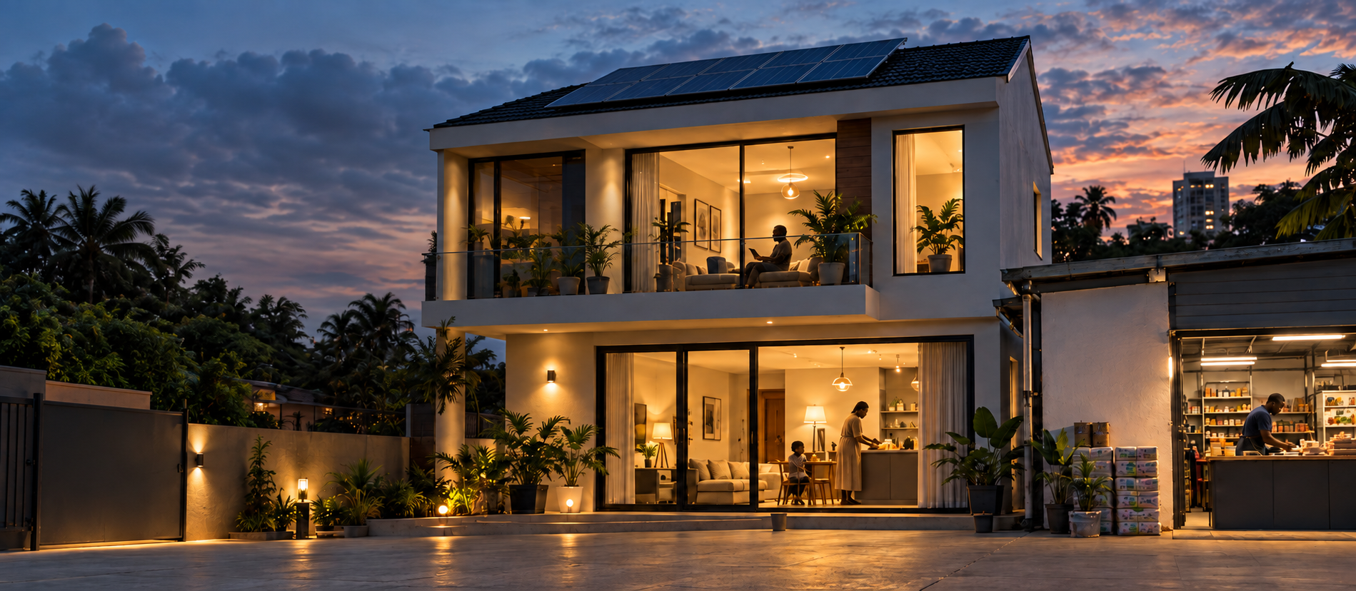A Nigerian home and adjoining small shop at dusk, lit from within, with solar panels on the roof